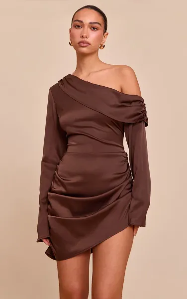 Chocolate Satin One Shoulder Drape Bodycon Dress