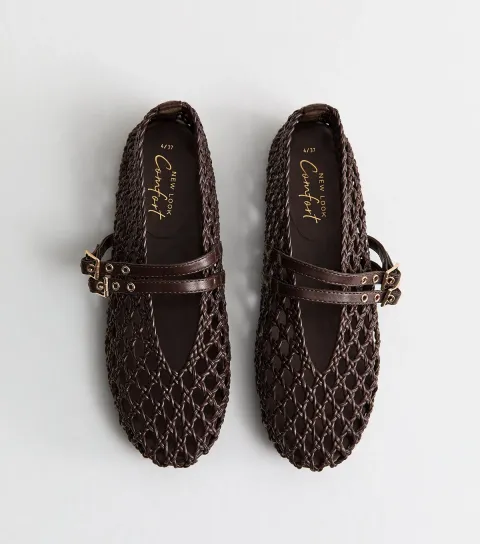 Brown Woven Faux Leather Mary Jane Flats Vegan