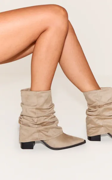Beige Faux Suede Point Toe Slouchy Fold Over Block Heeled Ankle Boots