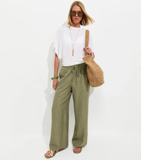 Green Woven Striped Wide Leg Trousers