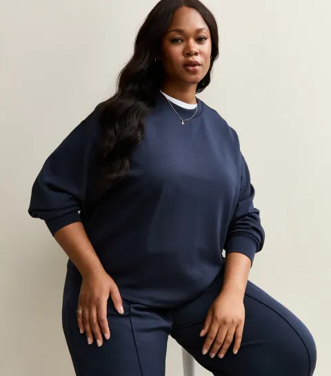 Plus Size Premium Navy Jersey Crew Neck Sweatshirt Curves