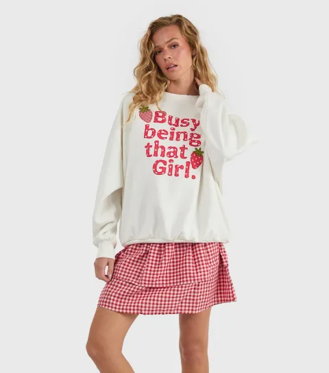 White Busy Being That Girl Strawberry Embroidered Sweatshirt