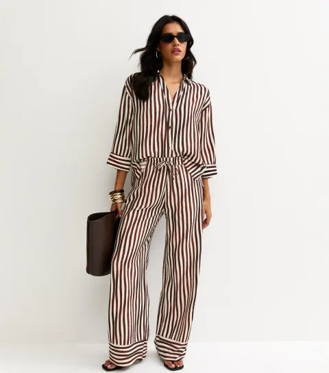 Brown and Cream Striped Wide Leg Trousers