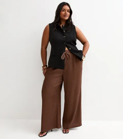 Plus Size Brown Crinkled Jersey Wide Leg Trousers Curves