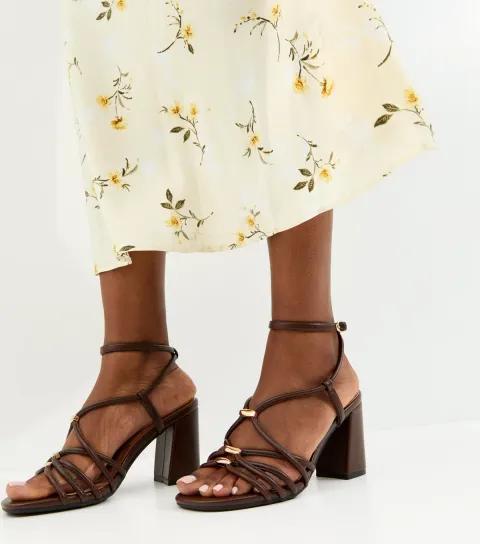 Dark Brown Faux Leather Strappy Hardware Block Heel Sandals Vegan