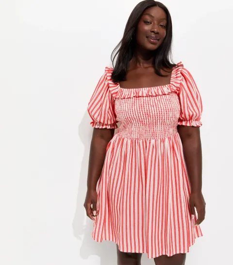 Plus Size Red Cotton Rich Striped Shirred Mini Dress Curves