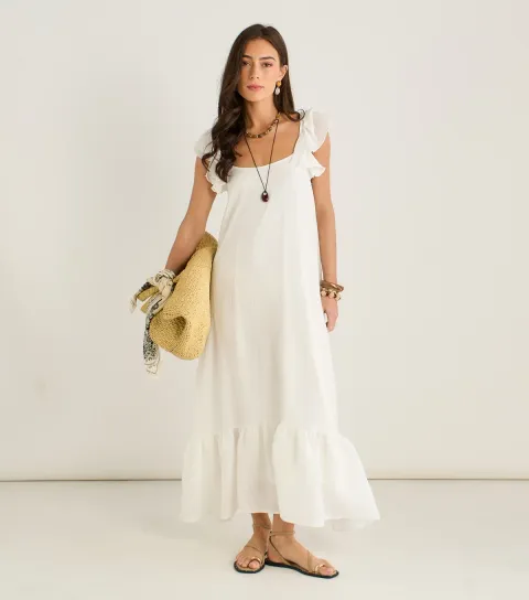 White Chiffon Ruffled Strap Maxi Dress