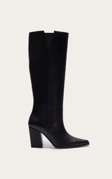 Black PU Point Toe Block Heeled Knee High Boot