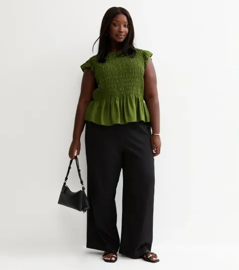 Plus Size Black Linen Blend Wide Leg Trouser Curves