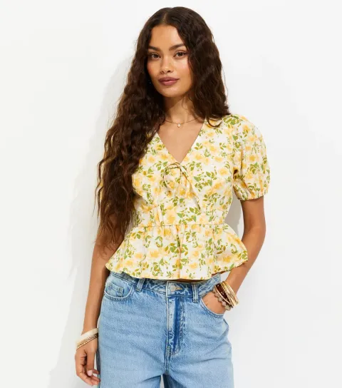 Petite Yellow Cotton Floral Puff Sleeve Peplum Blouse