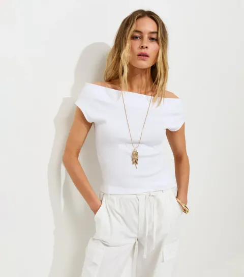 White Cotton Rich Ribbed Bardot Off The Shoulder Top