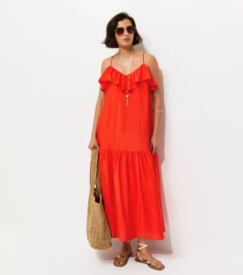 Bright Red Ruffle Trim Cami Midi Dress