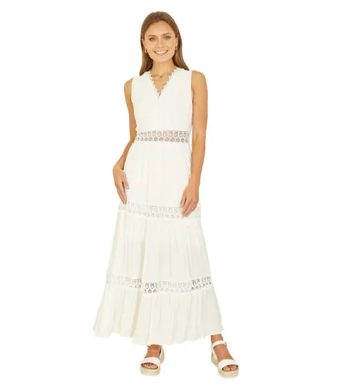 White Lace Trim Tiered Midi Dress