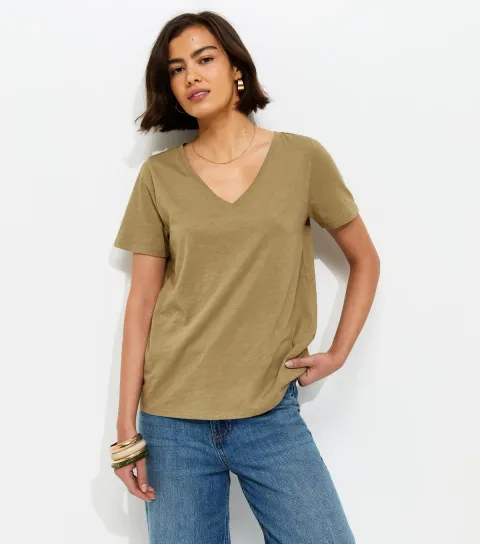 Khaki Cotton V Neck T-Shirt
