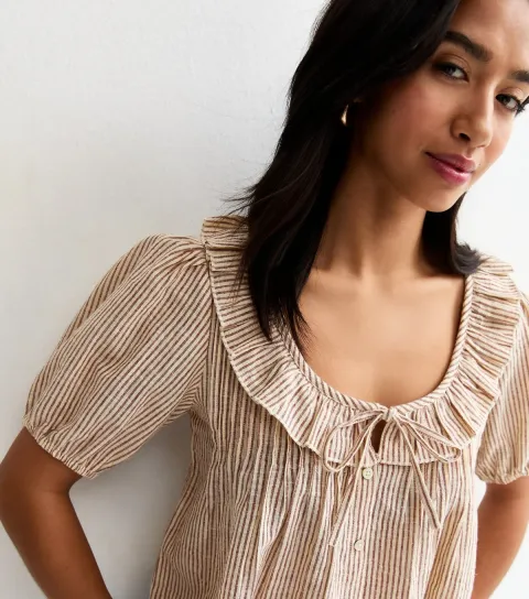 Petite Brown Striped Frill Collar Blouse