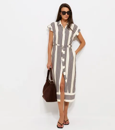 White Striped Short Sleeve Midi Shirt Dress