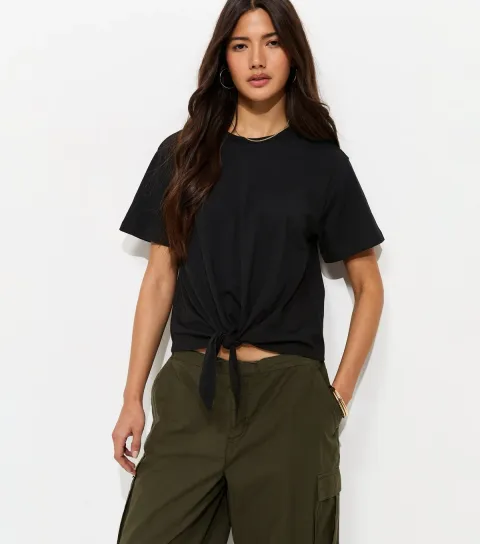 Black Cotton Tie Front T-Shirt