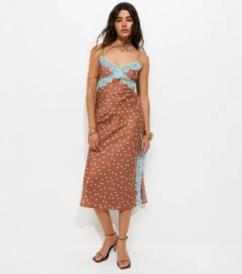 Brown Polka Dot Contrast Lace Trim Slit Midi Dress