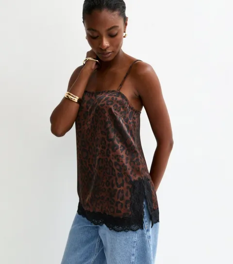 Brown Animal Print Lace Trim Longline Cami Top