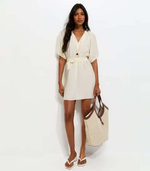 Cream V-Neck Puff Sleeve Belted Mini Dress