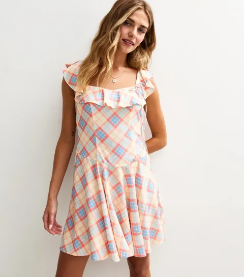 Pink Check Print Ruffle Front Side Bow Mini Dress