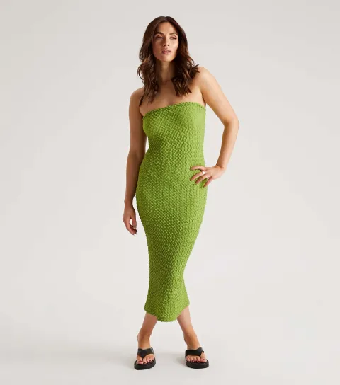 Light Green Textured Bandeau Midi Dress