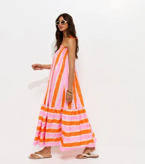 Orange Cotton Striped Tie Strap Midi Dress