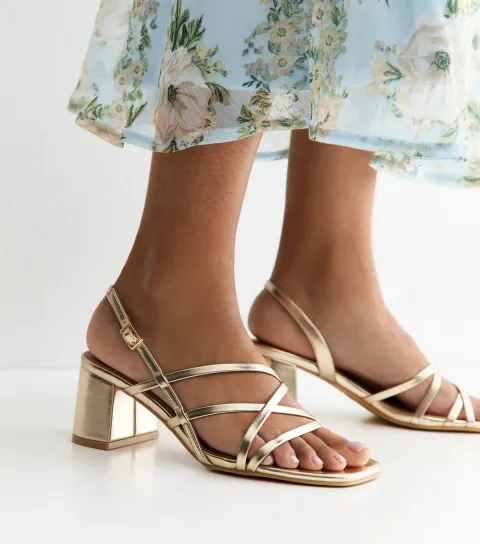 Gold Faux Leather Multi Strap Block Heel Sandals Vegan