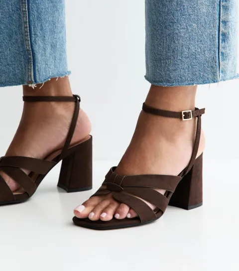 Wide Fit Dark Brown Faux Suede Block Heel Sandals Vegan
