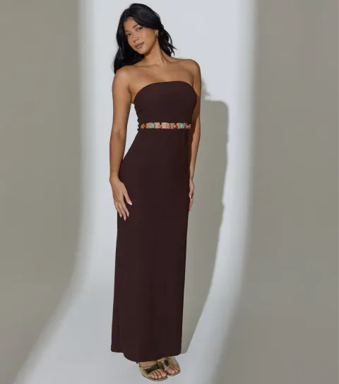 Brown Textured Bead Trim Bandeau Maxi Dress