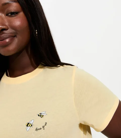 Plus Size Light Yellow Cotton Bee Free Print Relaxed T-Shirt Curves
