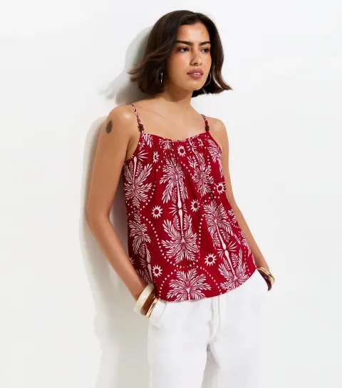 Red Crepe Sun Patterened Bead Cami Strap Top