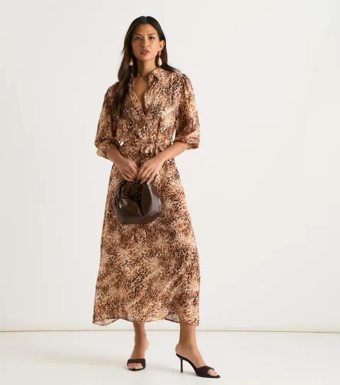 Tan Animal Print Shirt Midi Dress