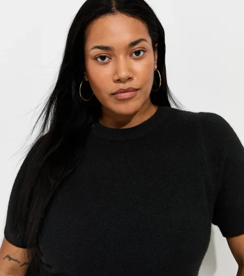 Plus Size Black Brushed Knit Set In Sleeve T-Shirt Curves