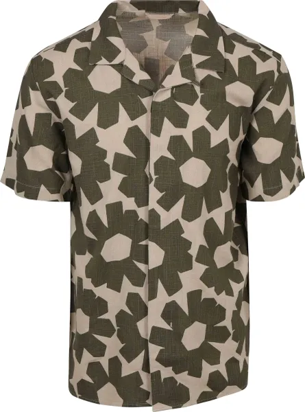 KnowledgeCotton Apparel Short Sleeve Shirt Linen Blend Olive Beige Green maat L