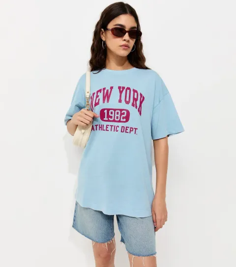 Blue Cotton New York Logo Oversized T-Shirt