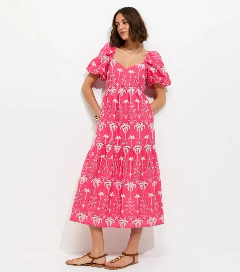 Pink Cotton Palm Tree Embroidered Milkmaid Tiered Midi Dress