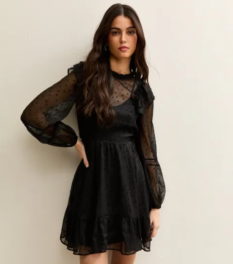 Black Dobby Ruffle Long Sleeve Mini Dress