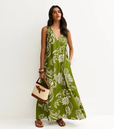 Green Floral Beaded V Neck Midi Dress