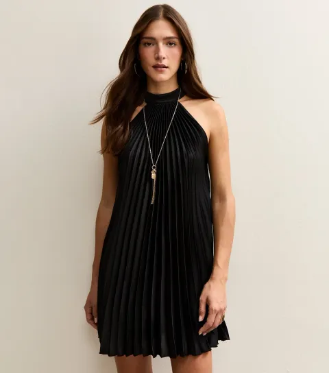 Black Pleated Halterneck Mini Dress