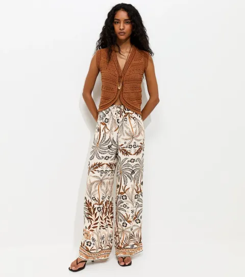 Cream Lotus Palm Tree Print Wide Leg Trousers