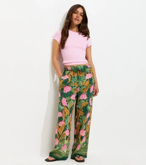 Petite Green Palm Goya Wide Leg Trousers