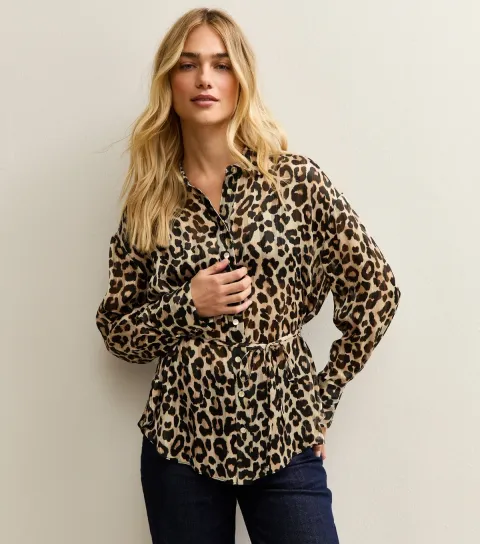 Brown Animal Print Tie Belt Shirt