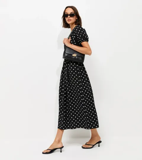 Black Spot Print Ruched Waist V-Neck Midi Dress