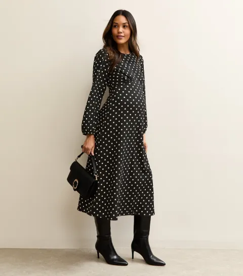Maternity Black Polka Dot Long Sleeve Midi Dress