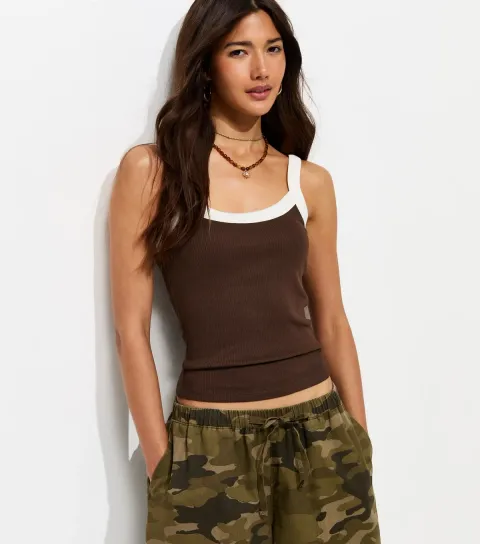Brown Ribbed Scoop Neck Cami Top