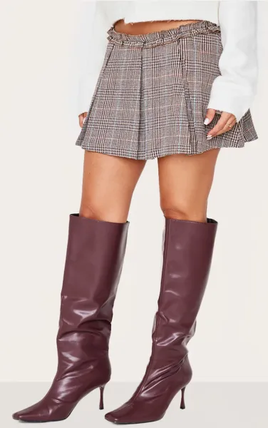 Petite Brown Checked Pleated Mini Skirt