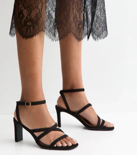 Black Faux Suede Strappy Heeled Sandals Vegan