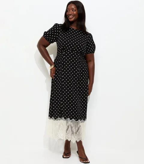 Plus Size Black Spot Print Lace Hem Midi Dress Curves