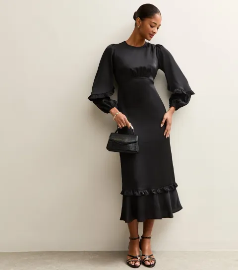 Black Satin Frill Trim Midi Dress